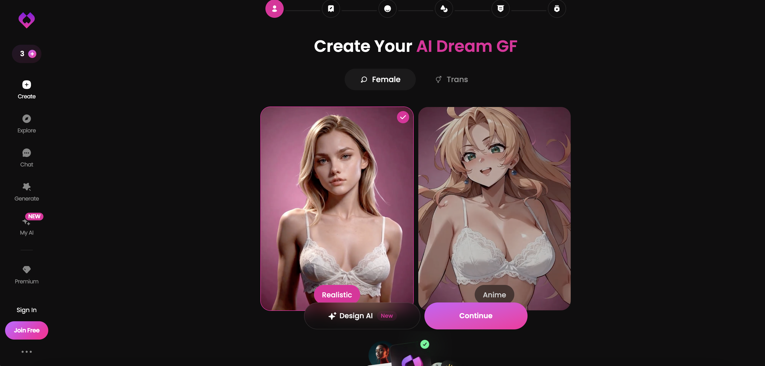 Golove AI persona creation screen with the character builder and chat panel